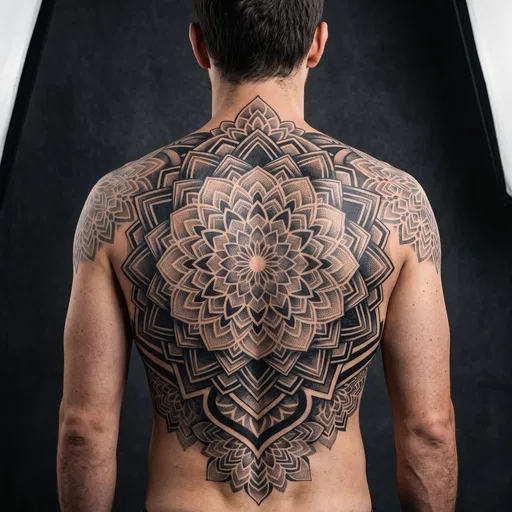 Man With Full Back Geometric Mandala Tattoo