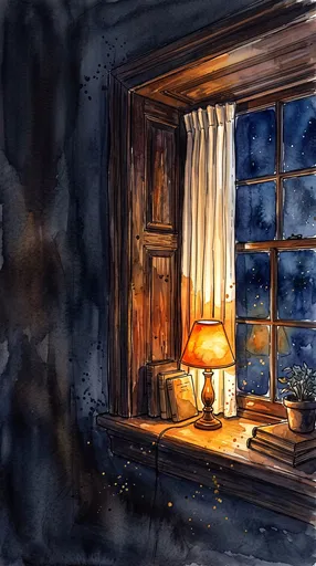 Watercolor Night Window With Glowing Lamp