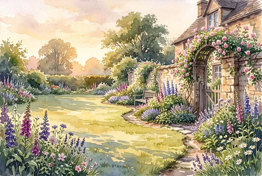 Watercolor Country Garden At Golden Hour