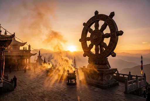 Bronze Dharmachakra Wheel at Temple Sunset