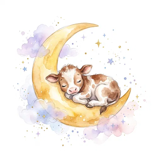 Sleeping Calf on Crescent Moon Watercolor