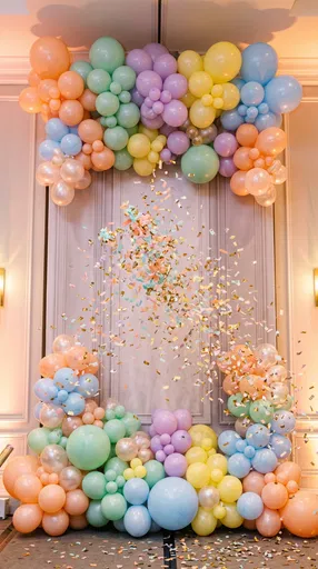 Pastel Rainbow Balloon Backdrop With Confetti