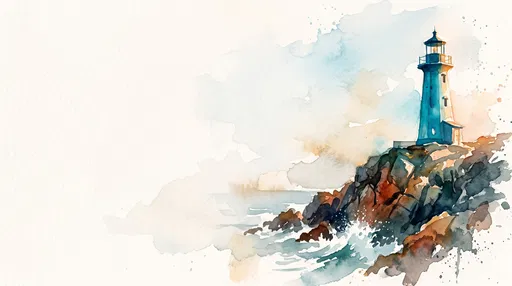 Watercolor Turquoise Lighthouse on Rocky Coast