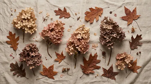 Dried Hydrangea and Autumn Leaves Flat Lay