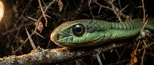 Green Boomslang Snake Resting at Night