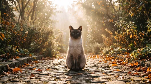 Siamese Cat on Autumn Cobblestone Path