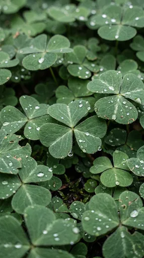 Green Clovers Covered in Raindrops