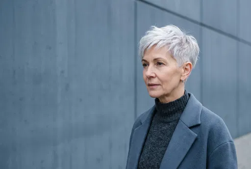 Mature Woman With Silver Pixie Cut