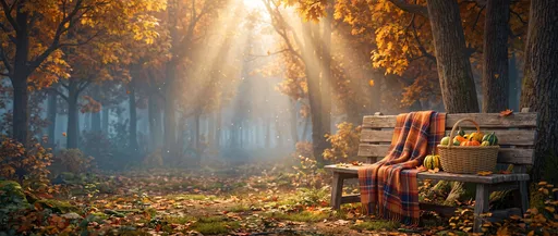 Autumn Forest Bench With Blanket and Gourds