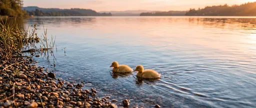 Two Yellow Ducklings Swimming at Sunset