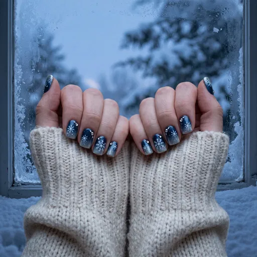 Winter Blue Ombre Snowflake Nail Art