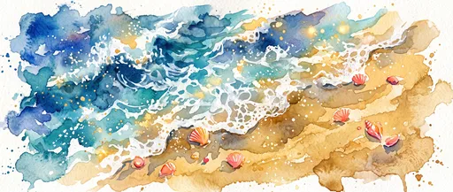 Watercolor Ocean Waves and Sandy Beach