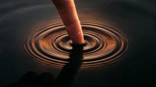Fingertip Touching Water Creating Golden Ripples