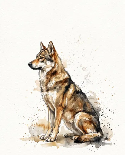 Watercolor Wolfdog Sitting in Profile