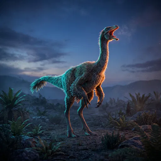Feathered Gallimimus Calling at Twilight