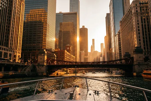 Chicago River Boat View at Sunset