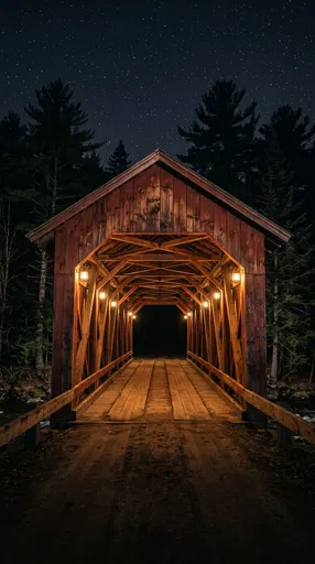 Illuminated Wooden Covered Bridge at Night