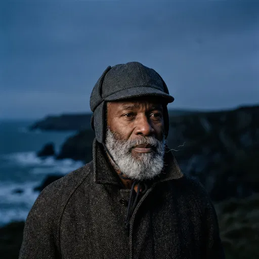 Older Man in Deerstalker Hat on Coast