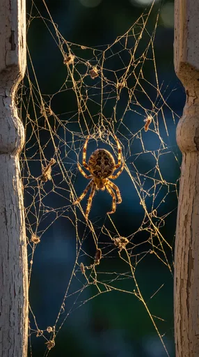 Backlit Spider in Web Between Spindles