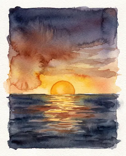Watercolor Sunset Over Tranquil Ocean Horizon