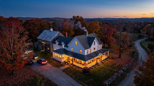 Aerial New England Farmhouse at Twilight