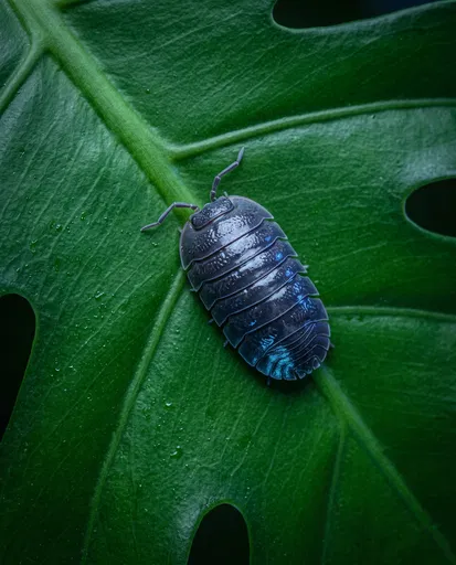Dark Pillbug on Green Tropical Leaf