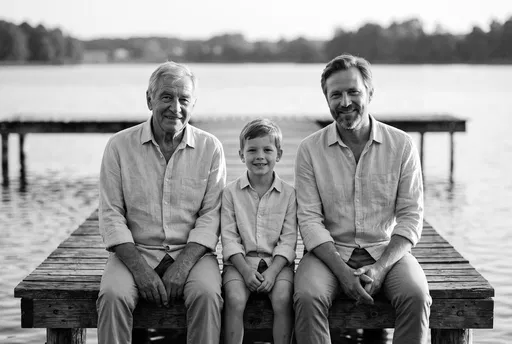 Three Generations Sitting on Lake Pier