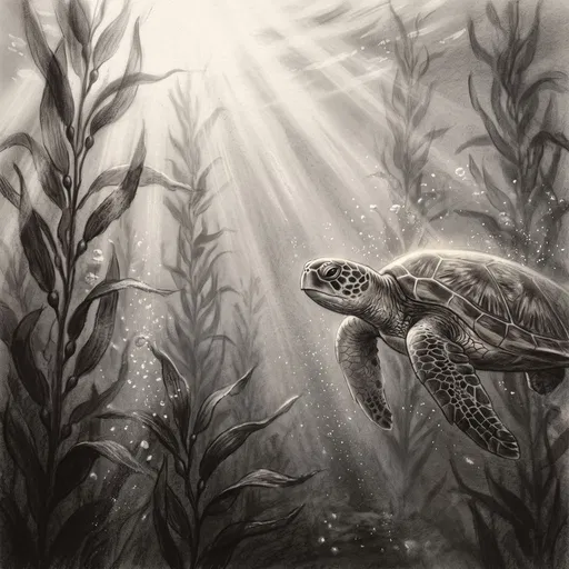 Charcoal Drawing of Sea Turtle in Kelp