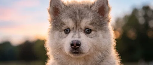 Fluffy Pomsky Puppy Portrait at Sunset