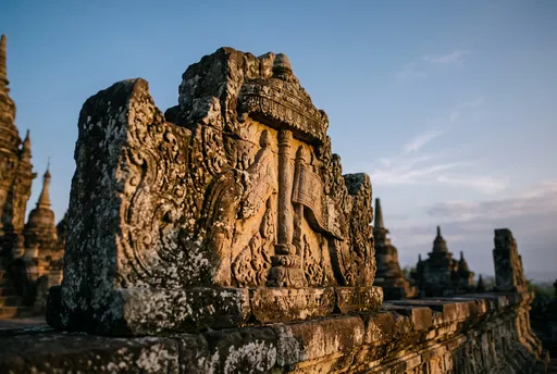 Ancient Carved Stone Temple Balustrade at Sunset