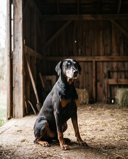 Senior Doberman Sitting in Rustic Barn