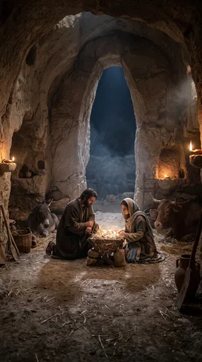 Nativity Scene in Stone Cave at Night