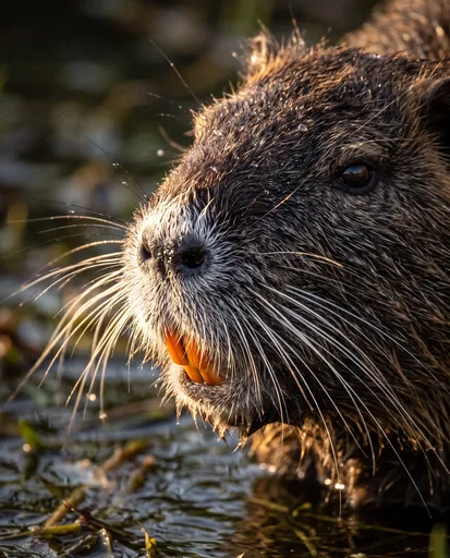Close-Up Portrait of Wet Nutria