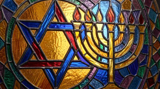 Stained Glass Star of David and Menorah