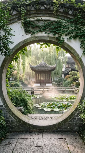Chinese Garden Pavilion Through Moon Gate
