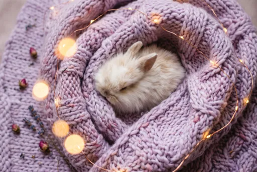 Fluffy Bunny Sleeping in Lavender Blanket