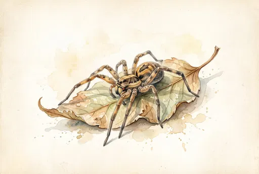 Watercolor Spider on Curled Dry Leaf