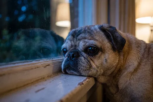 Senior Pug Resting Chin on Windowsill