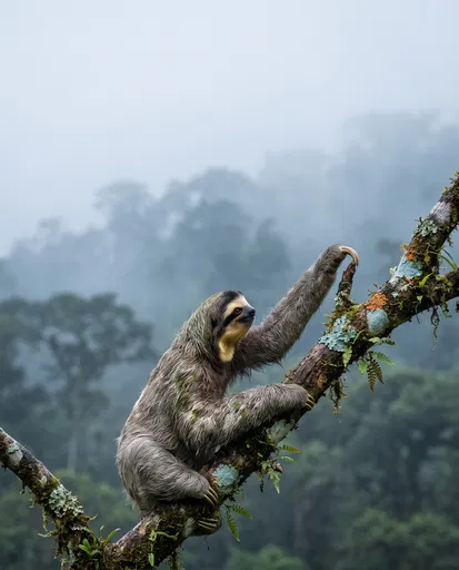 Sloth Climbing Lichen Branch in Mist
