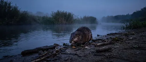 Muskrat Foraging on Misty Riverbank at Dusk