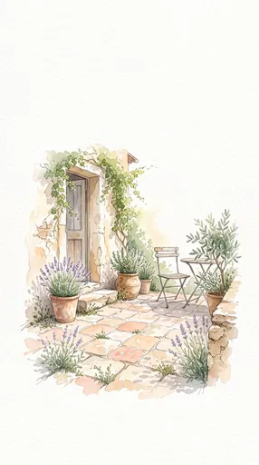 Watercolor Mediterranean Patio Vignette With Lavender