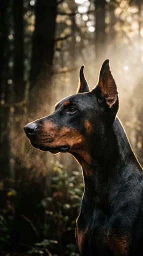 Backlit Doberman Pinscher Profile in Forest