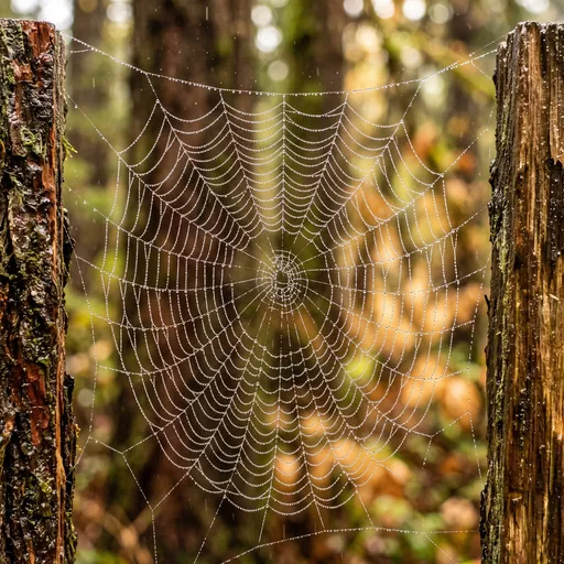 Dew-Covered Spiderweb Between Wooden Fence Posts