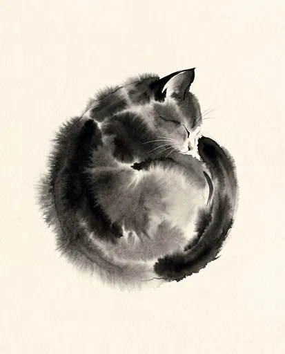Black Ink Wash Painting of Sleeping Cat