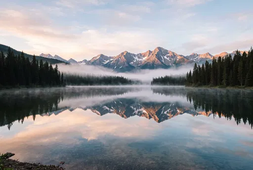 Misty Alpine Lake Sunrise Reflection