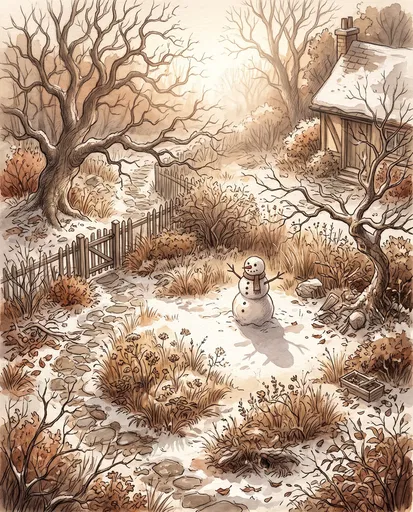 Storybook Winter Garden With Snowman