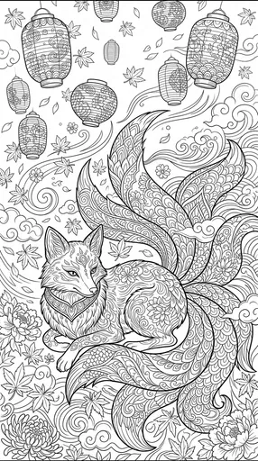 Nine-Tailed Kitsune Fox Coloring Page