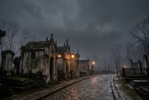 Misty European Cemetery Path with Glowing Lanterns