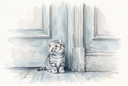 Watercolor Silver Tabby Kitten by Doorway