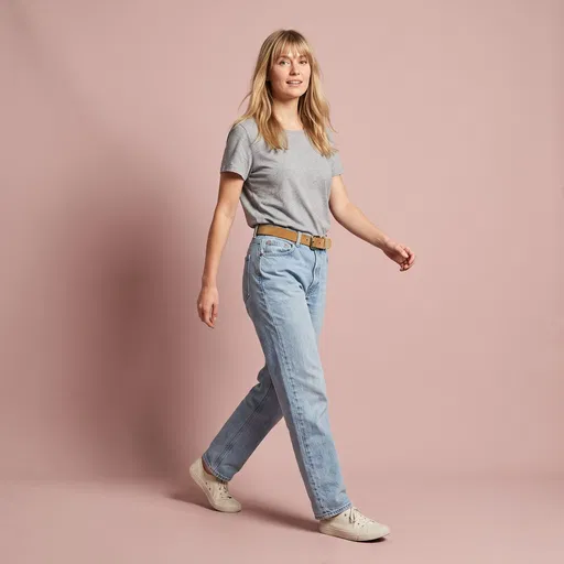 Blonde Woman Walking in Casual Jeans